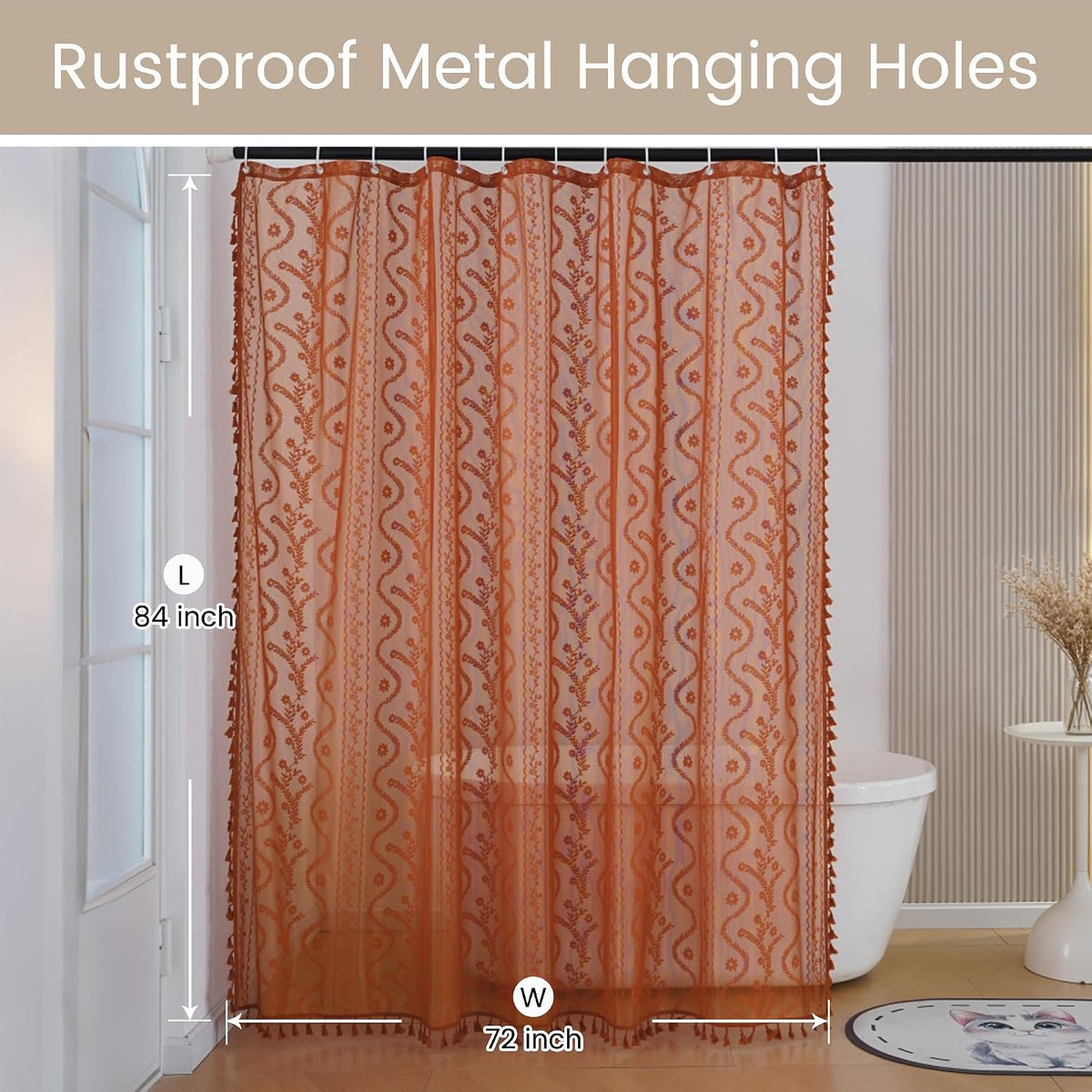 WAZZIO Terracotta Lace Shower Curtain for Bathroom 72" W x 84" L, Victorian Farmhouse Floral Pattern Tassel Fancy Shower Curtain Boho Washable Cloth Decorative Bath Curtains,1 Panel
