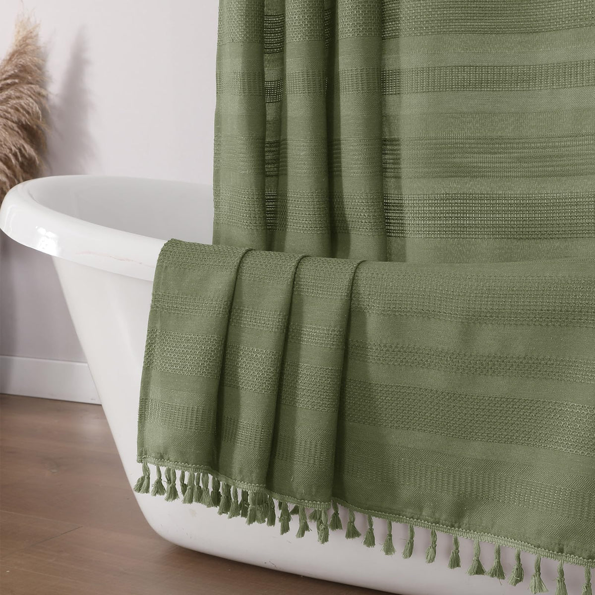 OVZME Extra Long Linen Shower Curtain - 84 Inch Long, Modern Farmhouse Heavy Duty Textured Soft Fabric, Rustic Country Boho Cloth Shower Curtain with Tassel for Bathroom Hotel, 72Wx84L Inches
