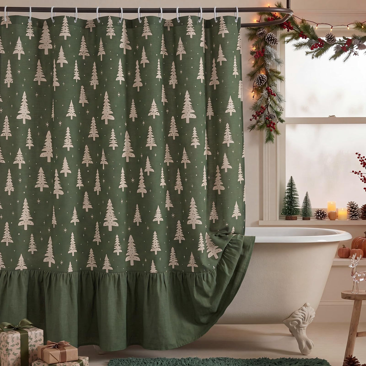 Irenare Fall Pumpkin Shower Curtain, Beige Ruffle Gingham Bathroom Decor