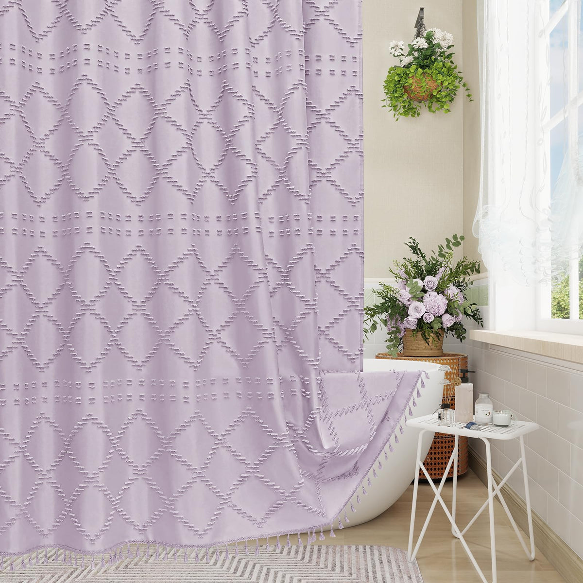 Blue Boho Woven Fabric Shower Curtain with Tassel 72 x 72, Tufted Textured