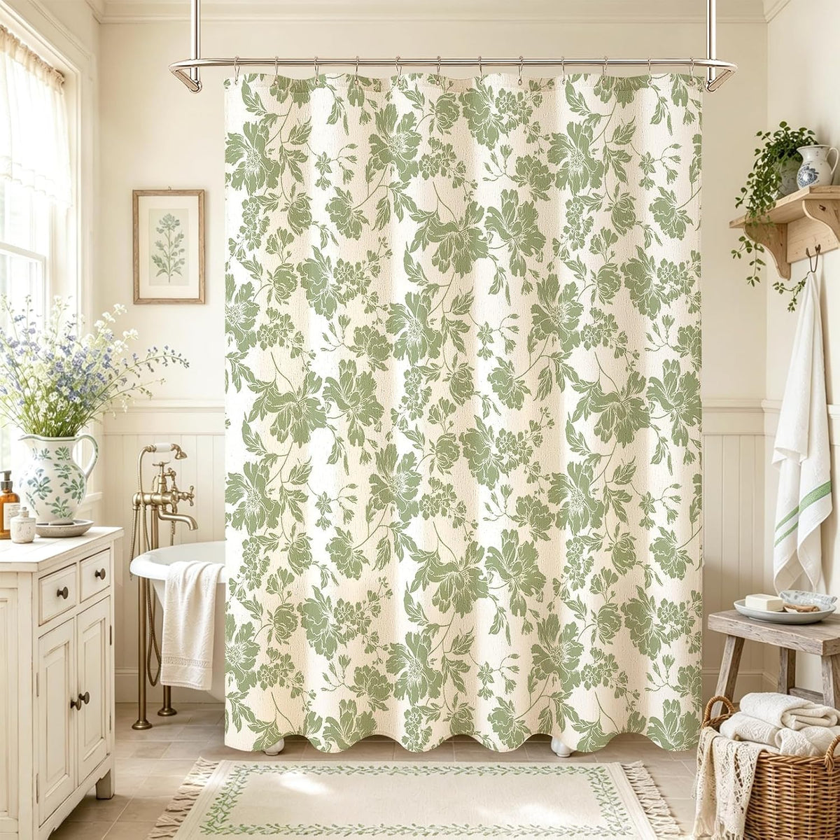 Sage Farmhouse Boho Botanical Floral Linen Shower Curtain, 72x72