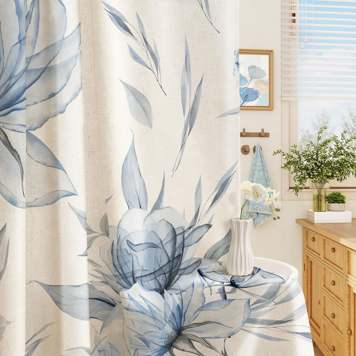 Blue Boho Floral Shower Curtain, Watercolor Botanical Design, 72 x 72
