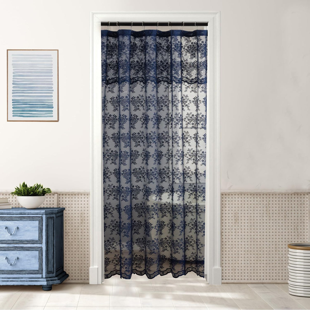 Ivory Lace Shower Curtain 72x72, Vintage Shabby Chic with Attached Valance