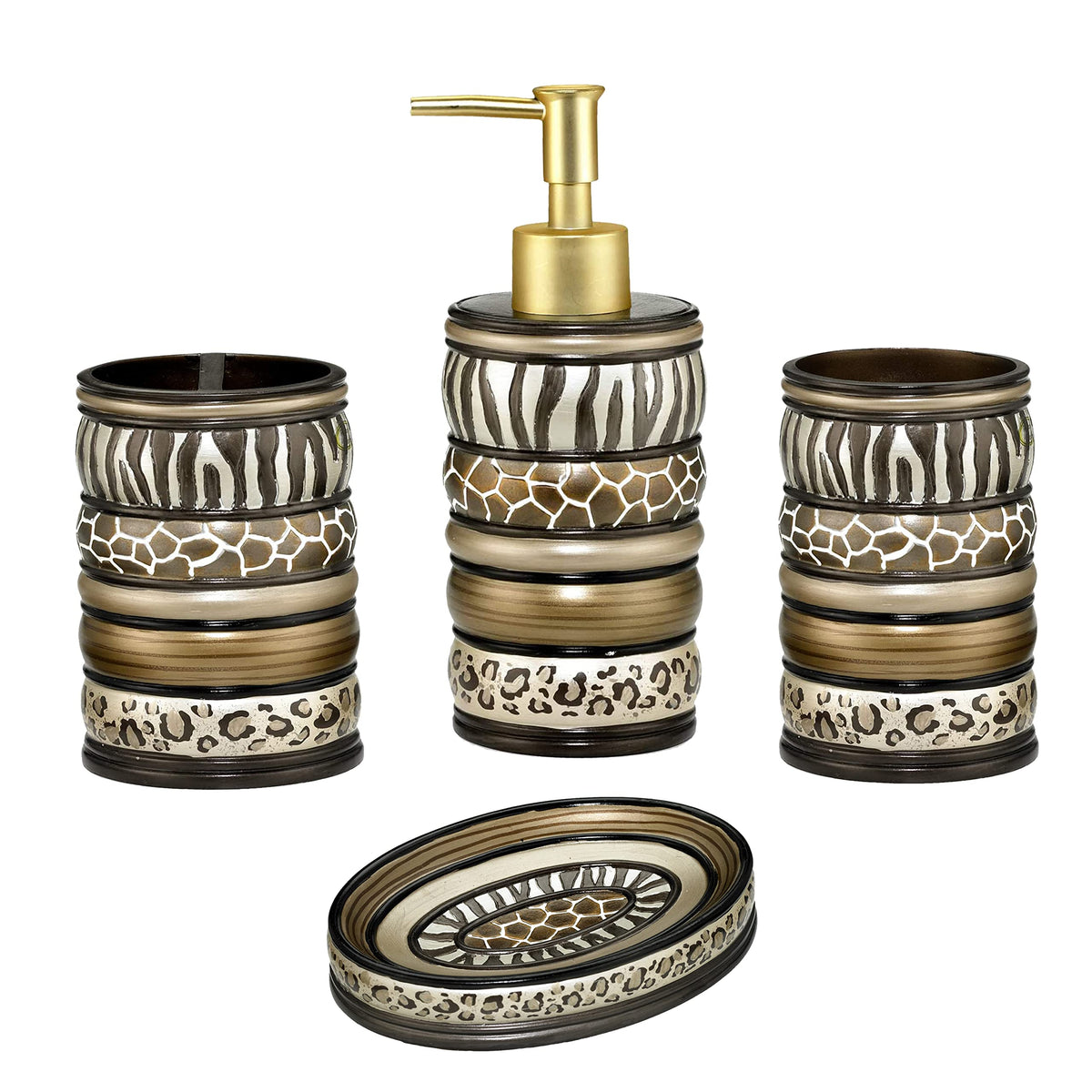 Zahari Home 4pc Modern Line Modern Bathroom Accessories Set Modern Soap Dispenser, Tumbler, Tooth Brush Holder and Dish Soap Holder Luxury Contemporary Grey Decor Unique Design Luxury Bath Set