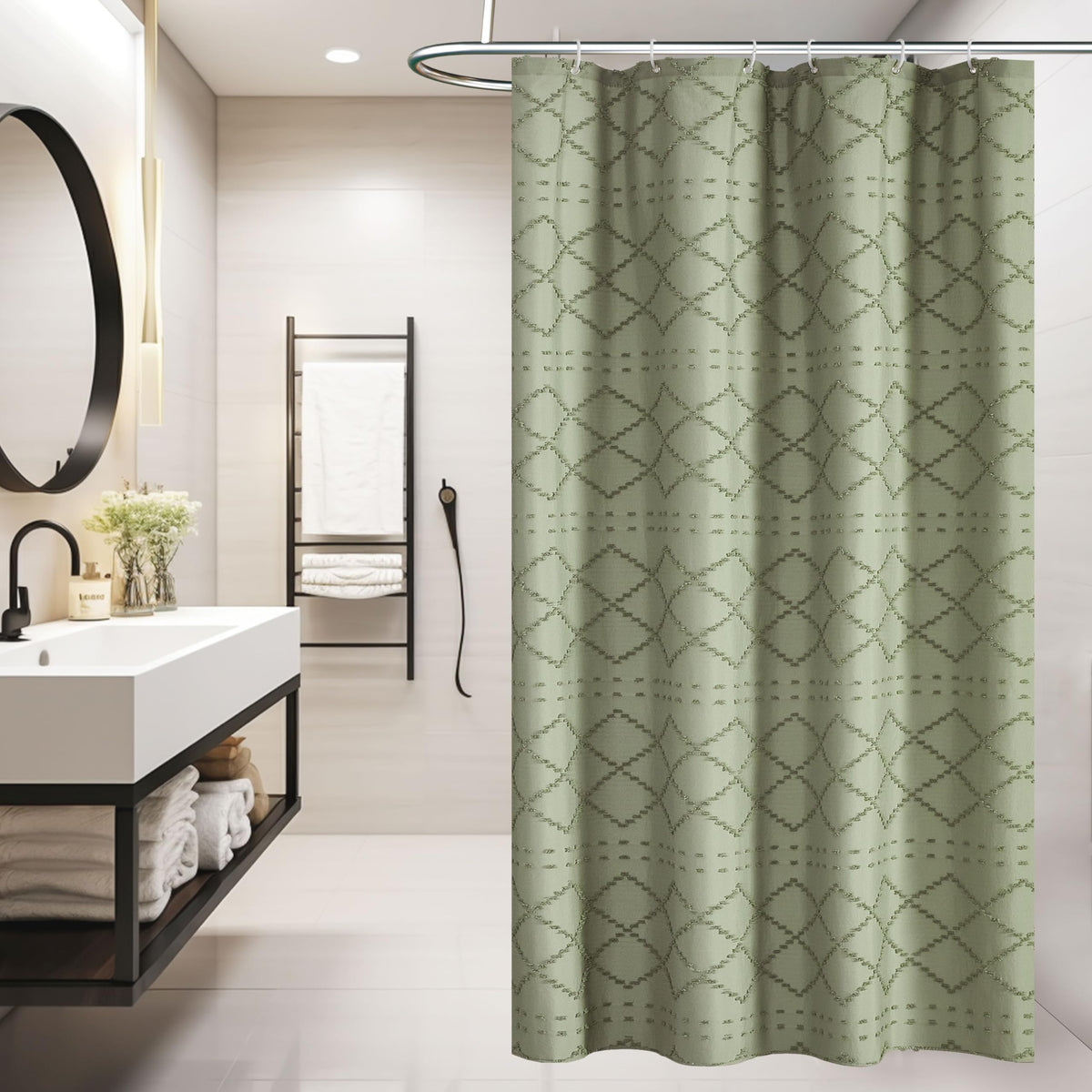 Siiluminisoy Sage Green Boho Shower Curtain Fabric Shower Curtain, 72 x 72 Tufted Chevron Textured Striped Modern Farmhouse Minimalist Cloth for Bathroom
