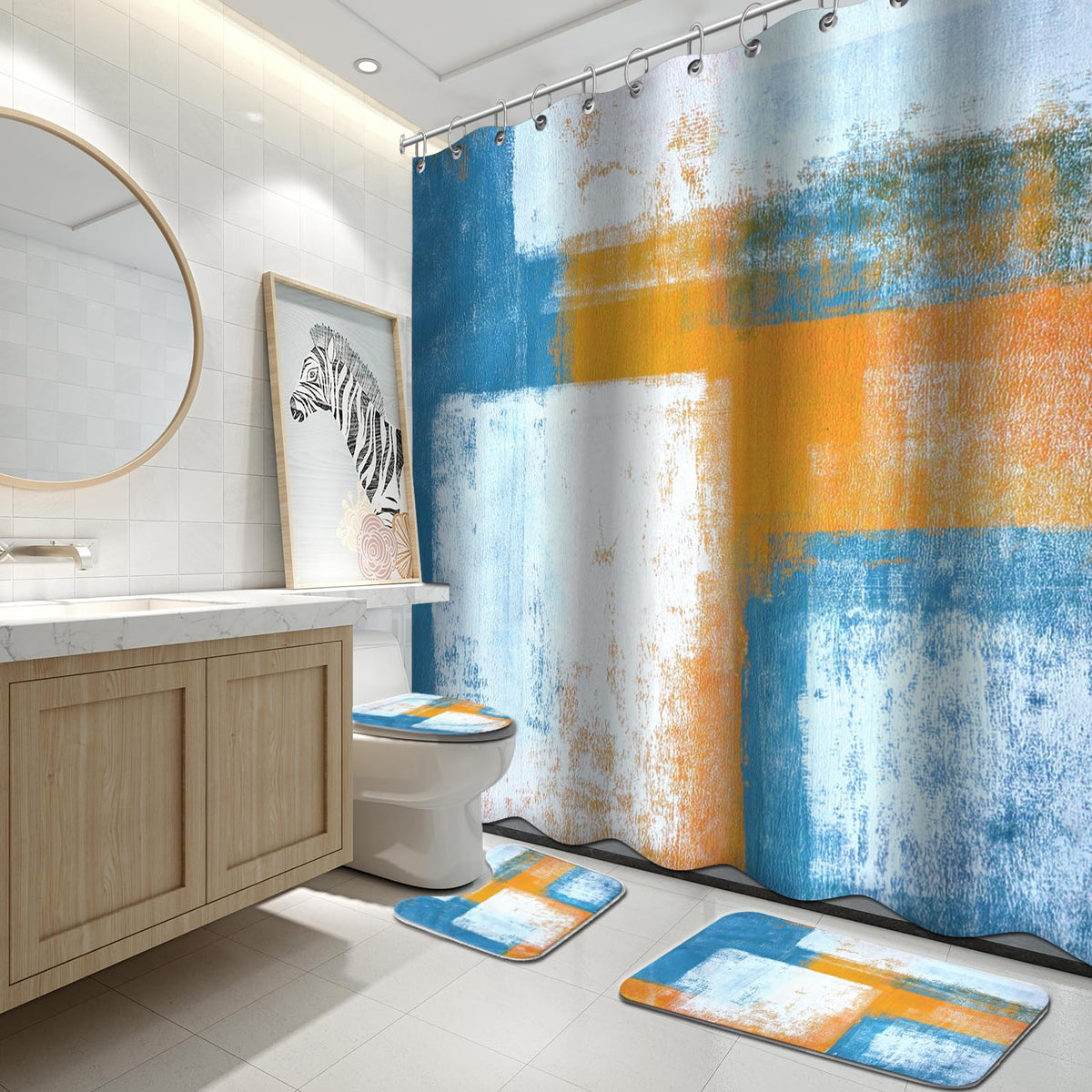 Lnond 4Pcs Bathroom Shower Curtain Sets with Rugs,Orange Modern Painting Art Bathroom Sets with Shower Curtain and Rugs and Accessories