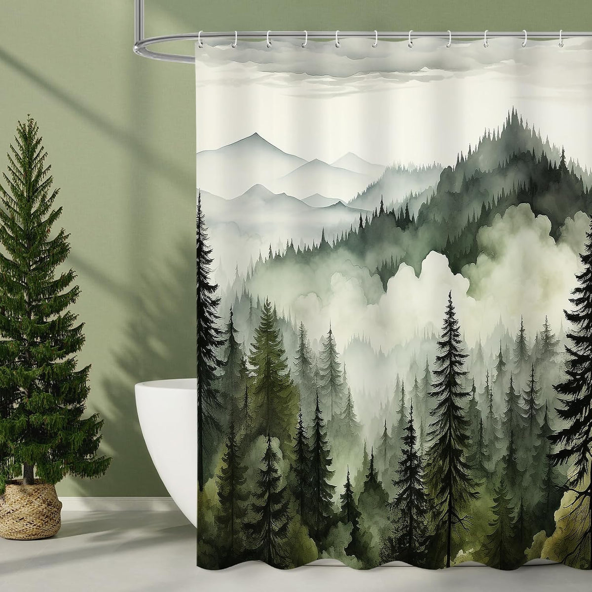 Dark Green Pine Forest Shower Curtain, Misty Woodland, 72 x 72 Inches