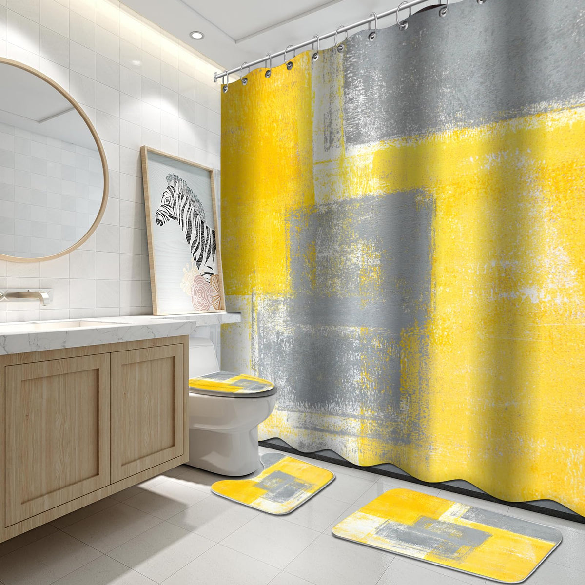 Lnond 4Pcs Bathroom Shower Curtain Sets with Rugs,Orange Modern Painting Art Bathroom Sets with Shower Curtain and Rugs and Accessories