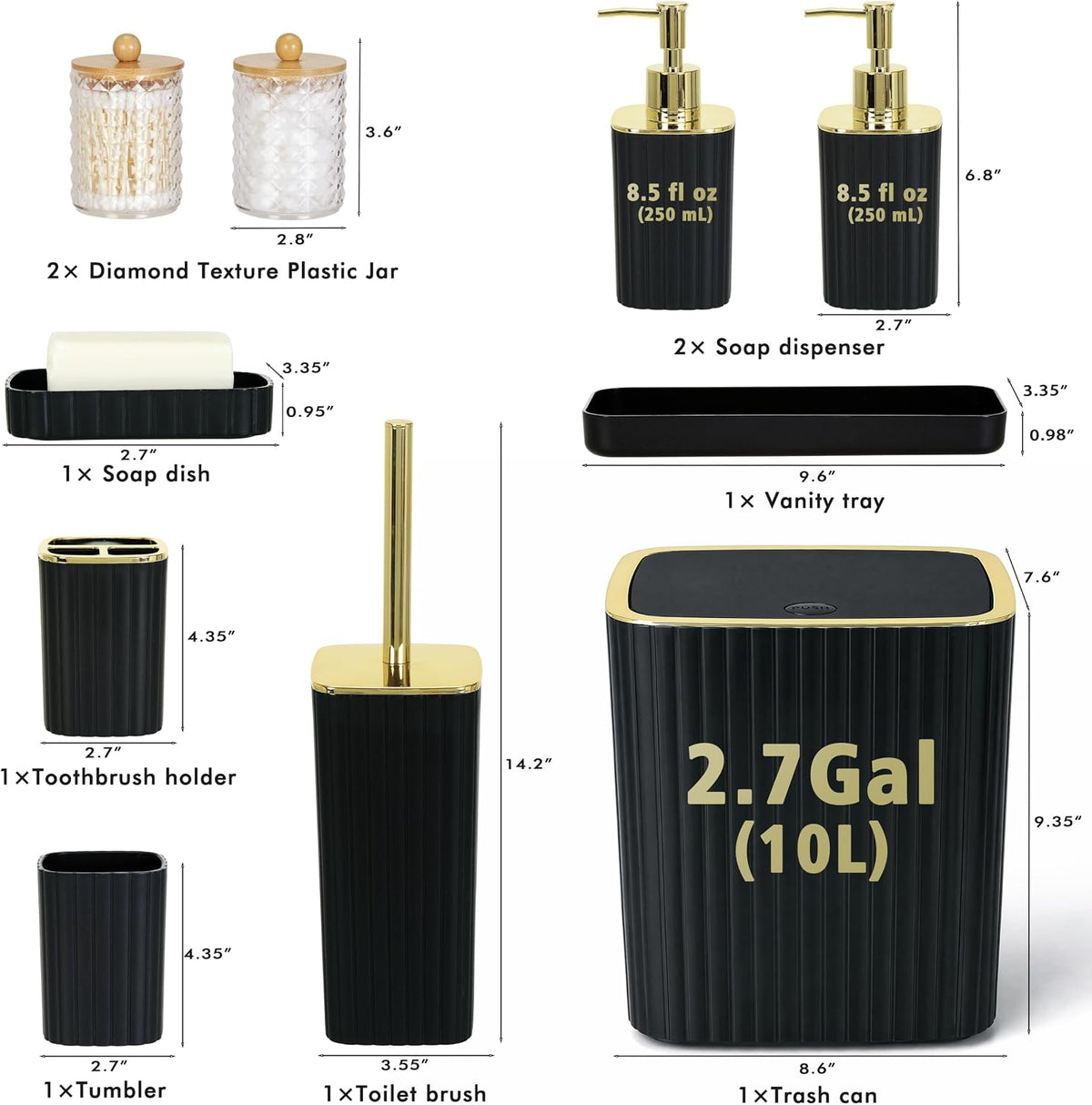 Bathroom Accessories Set, 10-Piece Black and Gold All-in-One Bathroom Set