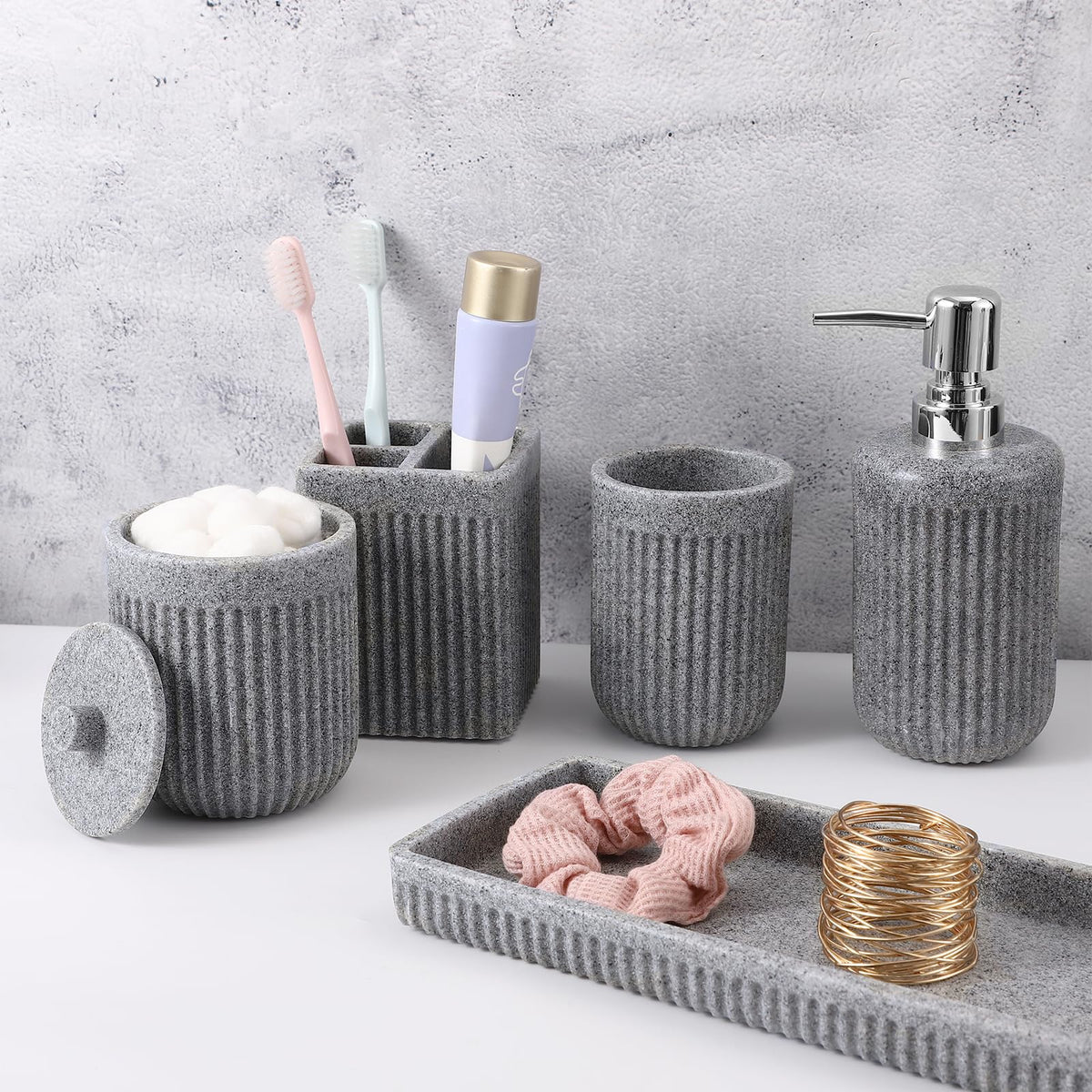 XLHOMO Resin Matte Black Bathroom Accessories Set 5 Pcs, Lotion Soap Dispenser, Toothbrush Holder, Bathroom Tumbler, Qtip Holder and Vanity Tray, Bathroom Countertop Organizer Set for Home Apartment