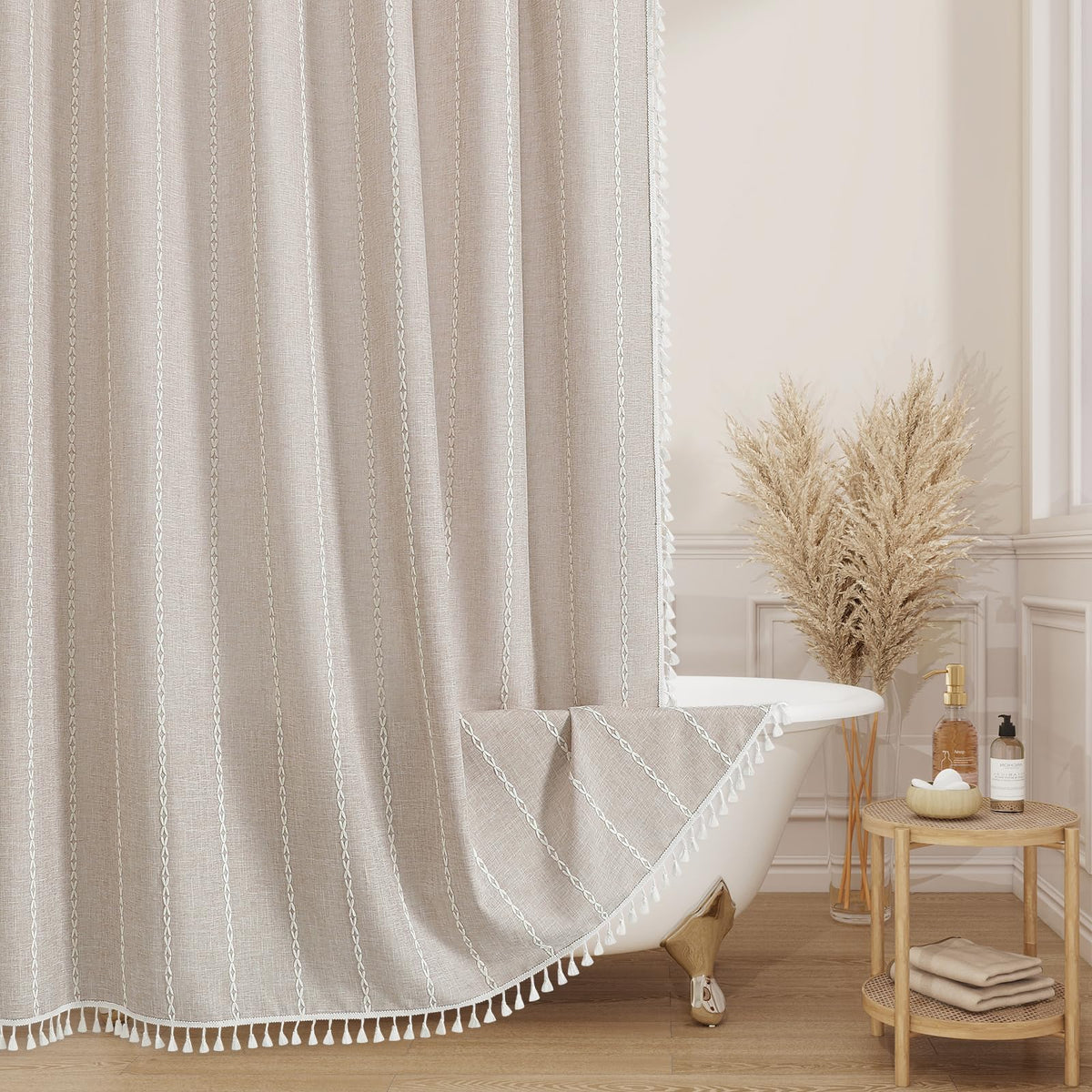 Boho Farmhouse Tassel Linen Shower Curtain,3D Embroidery Stripe Blue,72x72