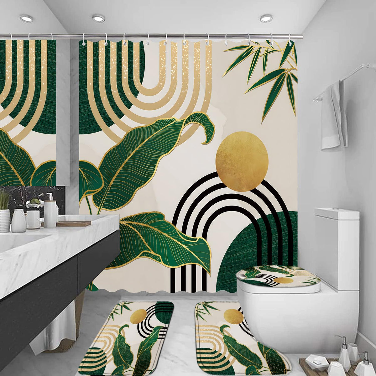 LQCOOL 4pcs Boho Shower Curtain Set with Rugs Green Leaf Bathroom Set