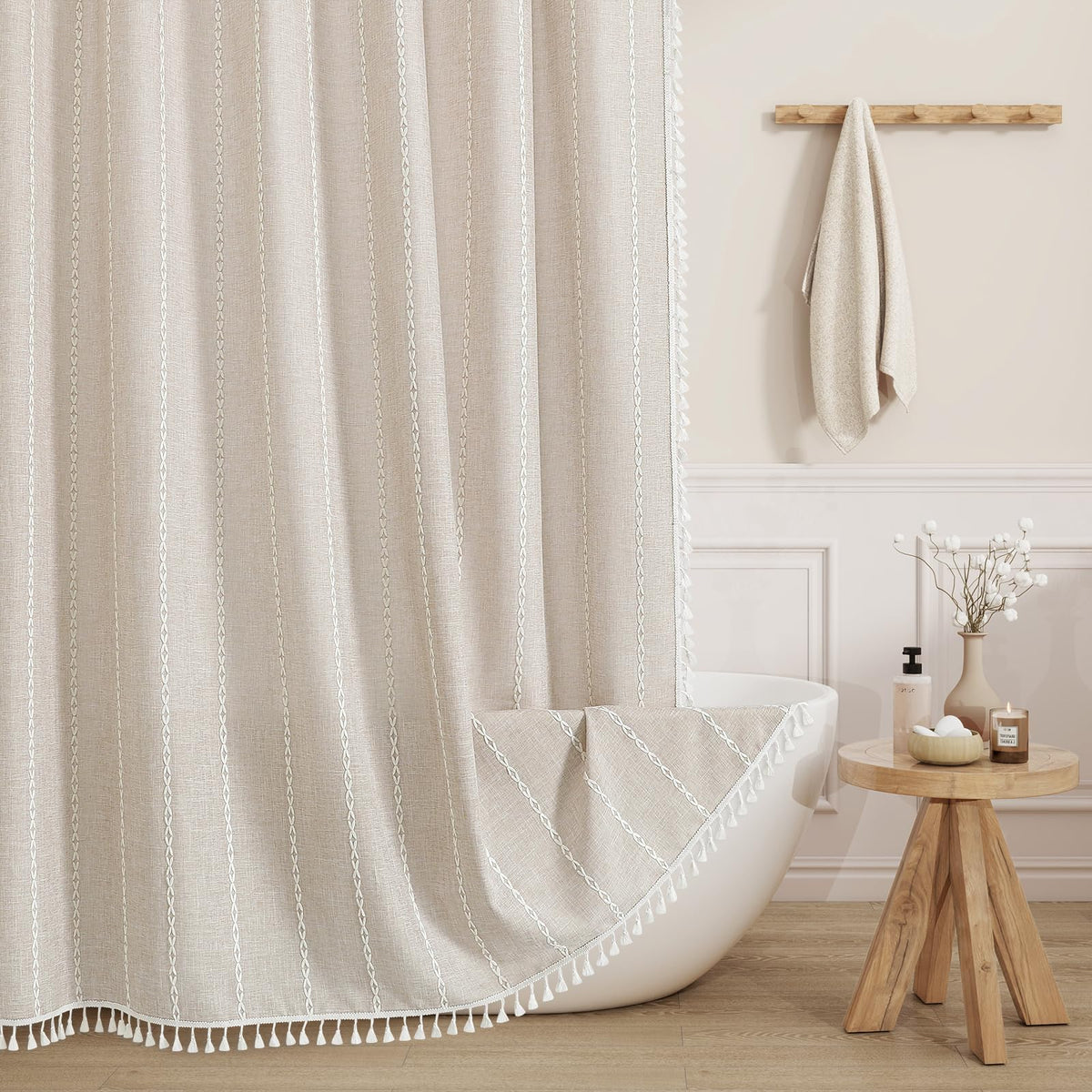 Boho Farmhouse Tassel Linen Shower Curtain,3D Embroidery Stripe Blue,72x72