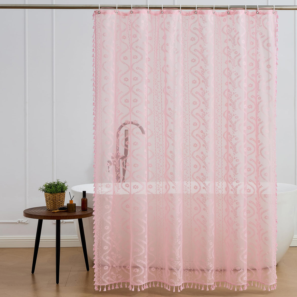 WAZZIO Terracotta Lace Shower Curtain for Bathroom 72" W x 84" L, Victorian Farmhouse Floral Pattern Tassel Fancy Shower Curtain Boho Washable Cloth Decorative Bath Curtains,1 Panel