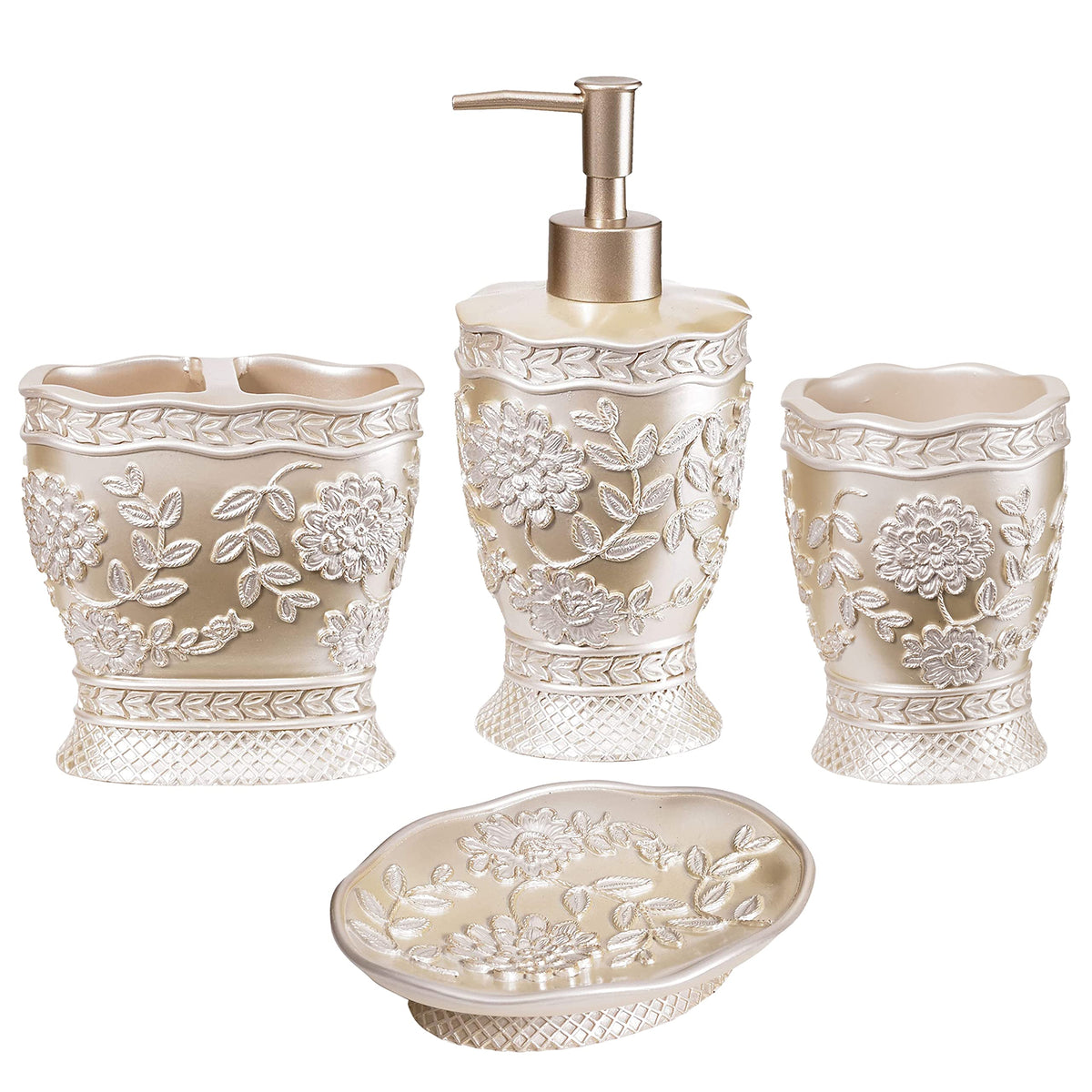Zahari Home 4pc Modern Line Modern Bathroom Accessories Set Modern Soap Dispenser, Tumbler, Tooth Brush Holder and Dish Soap Holder Luxury Contemporary Grey Decor Unique Design Luxury Bath Set