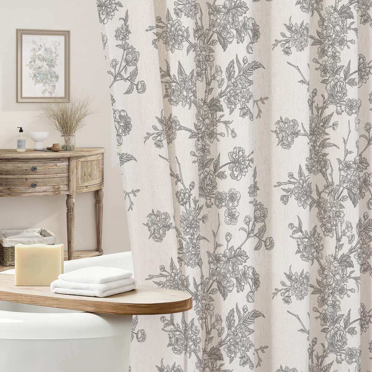 Sage Linen Farmhouse Shower Curtain, Vintage Boho Floral 72x72