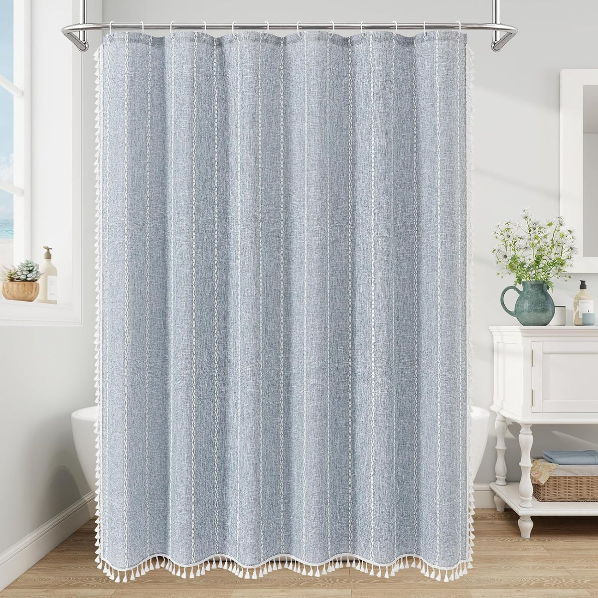 Boho Farmhouse Tassel Linen Shower Curtain,3D Embroidery Stripe Blue,72x72