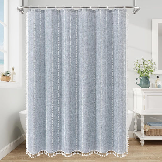 Boho Farmhouse Tassel Linen Shower Curtain,3D Embroidery Stripe Blue,72x72