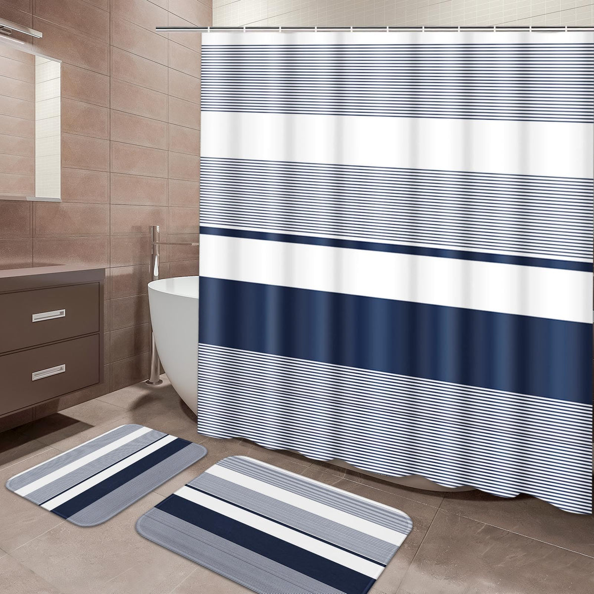 ArtSocket Bathroom Set of 3, Shower Curtain and Bath Rugs Beige Striped