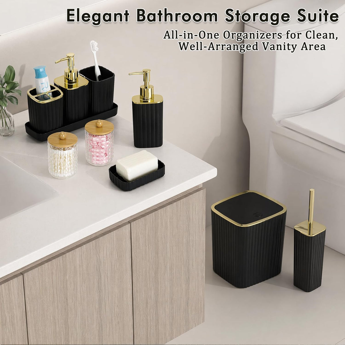 Bathroom Accessories Set, 10-Piece Black and Gold All-in-One Bathroom Set