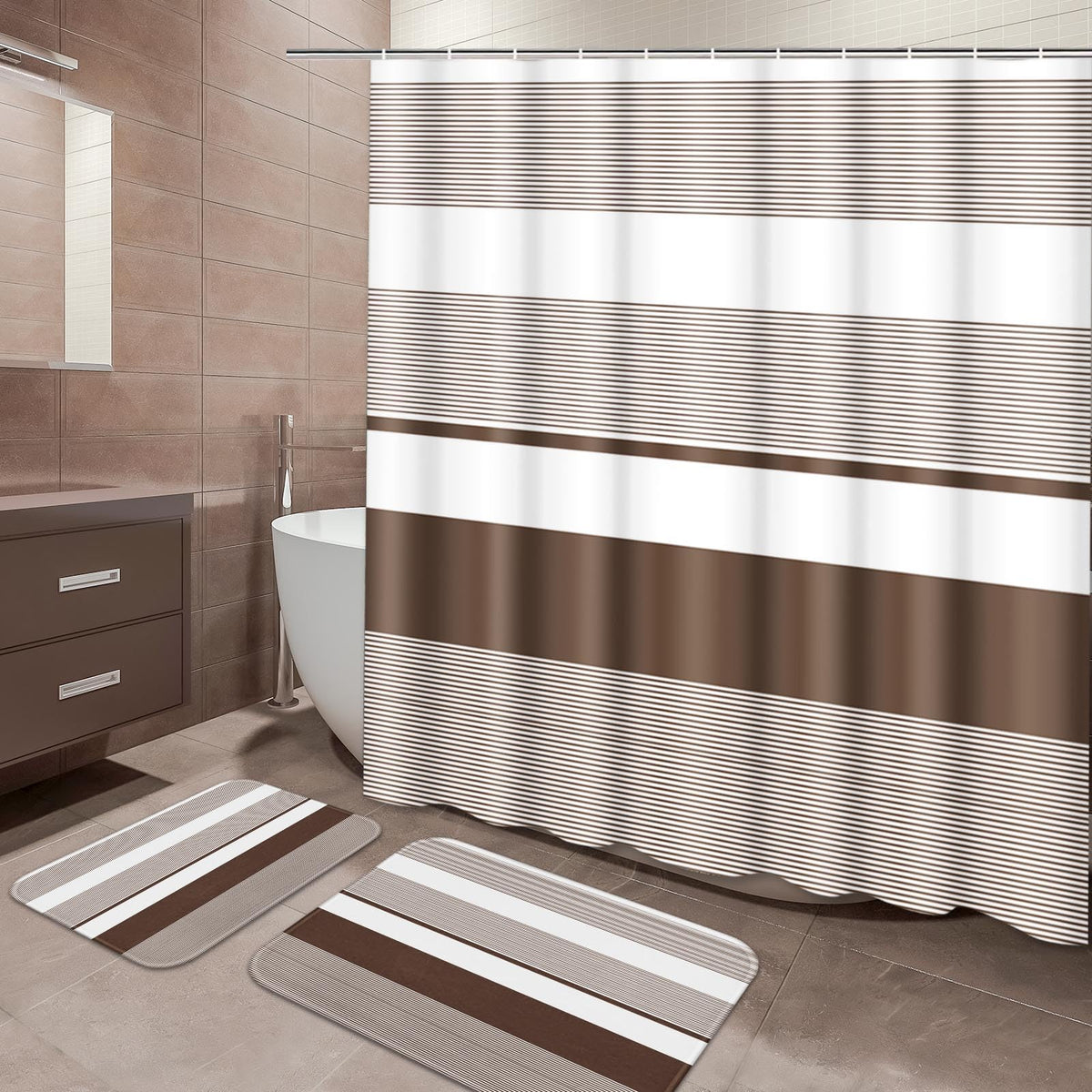ArtSocket Bathroom Set of 3, Shower Curtain and Bath Rugs Beige Striped
