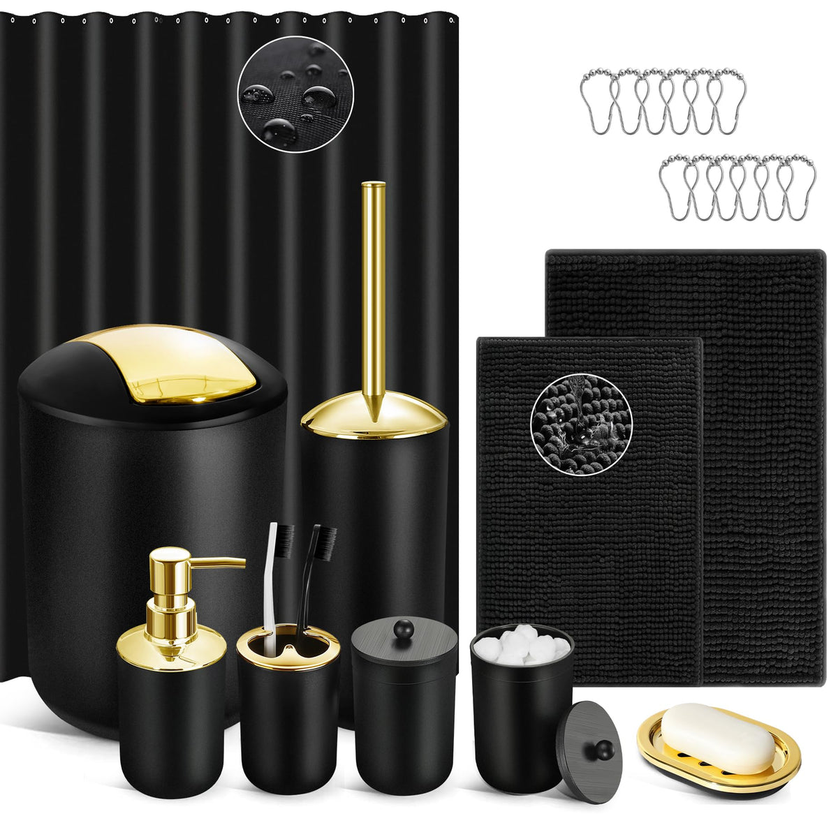 Black Bathroom Accessories Set, 10Pcs Bathroom Accessory Set with Trash Can, Soap Dispenser and Toothbrush Holder, Soap Dish, Cotton Ball & Qtip Holder, Toilet Brush Holder, Tissue Box Cover