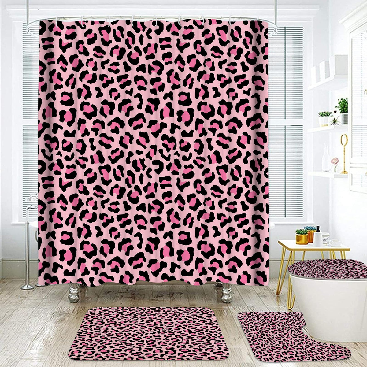 Leopard Shower Curtain 4Pcs Cheetah Print Shower Curtain Sets with Rugs