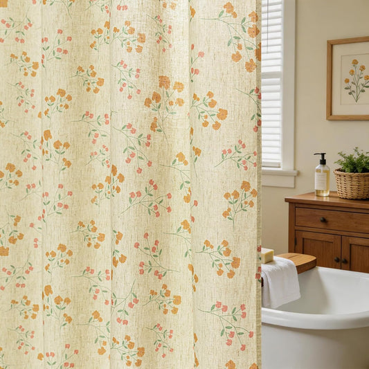 Orange Floral Linen Blend Shower Curtain 72x72, Oatmeal Wildflower Fabric Shower Curtain, Vintage Farmhouse Cottage Bathroom Decor (Oatmeal/Orange)