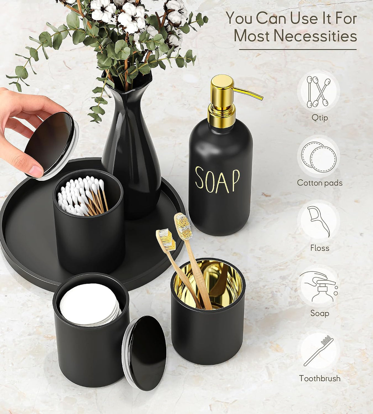 Black Bathroom Accessories Set with Tray, 6pcs Matte Black Bathroom Accessory Sets, Glass Soap Dispenser and Toothbrush Holder Set, Qtip Holder, Ceramic Flower Vase, Bathroom Set Decor