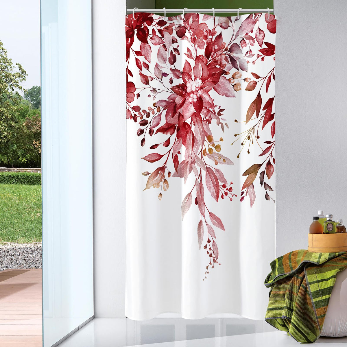 Gibelle Olive Green Eucalyptus Shower Curtain, Floral Print, 72x72