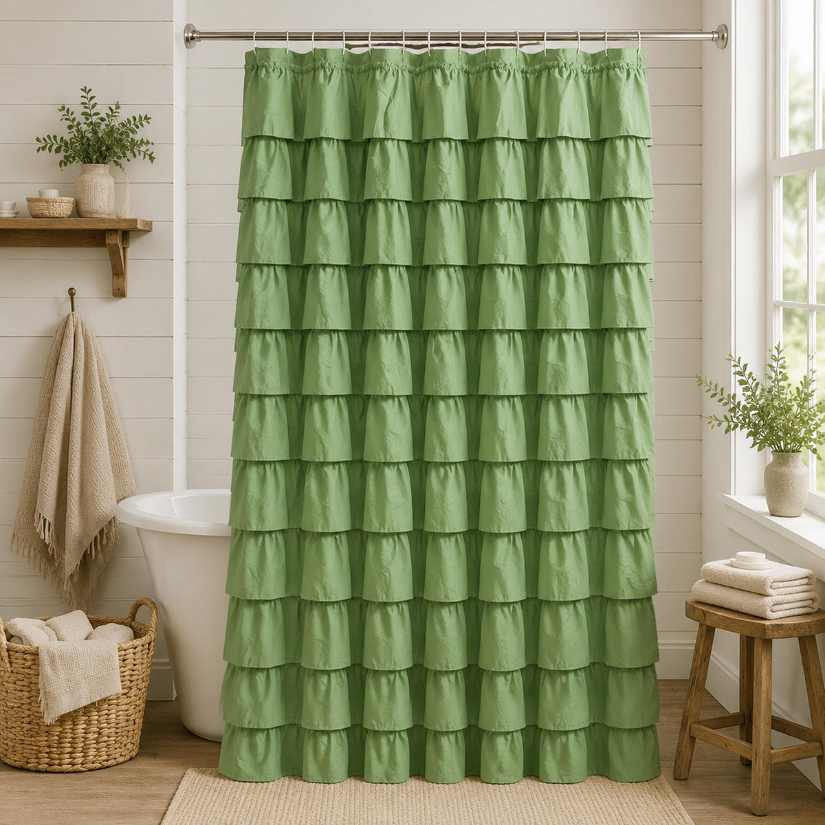 White Ruffle Shower Curtain for Bathroom,72 x 72 Inches, Farmhouse Style