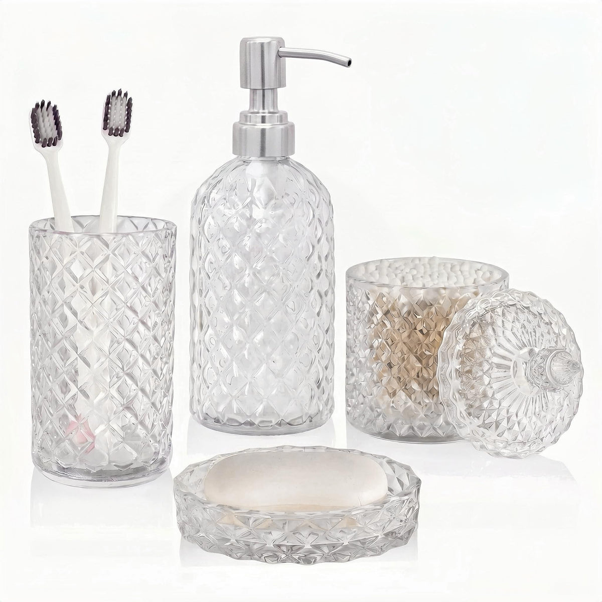 LaMarriti Blue Bathroom Accessories Set, 4Pcs Clear Glass Bathroom Set