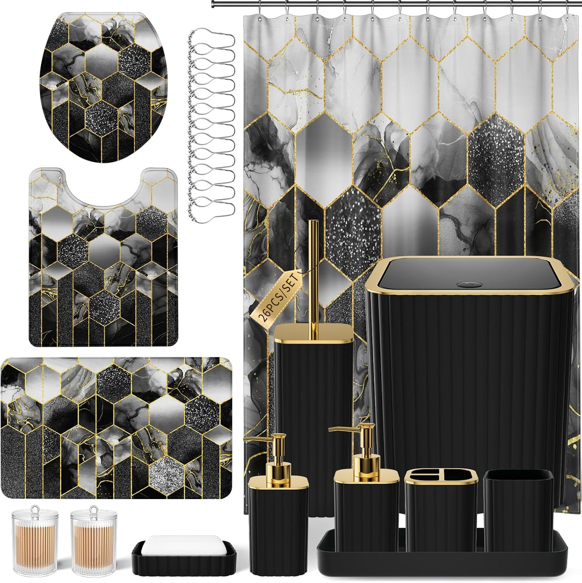 XLHOMO Bathroom Set - 26PC Bathroom Set with Shower Curtain and Rugs, Black