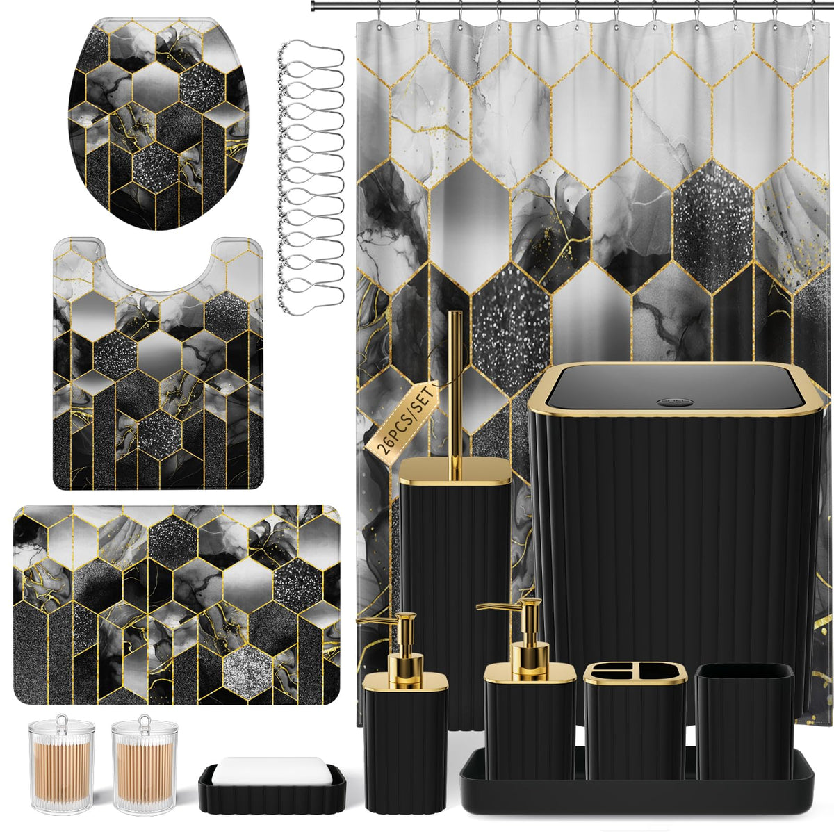 XLHOMO Bathroom Set - 26PC Bathroom Set with Shower Curtain and Rugs, Black