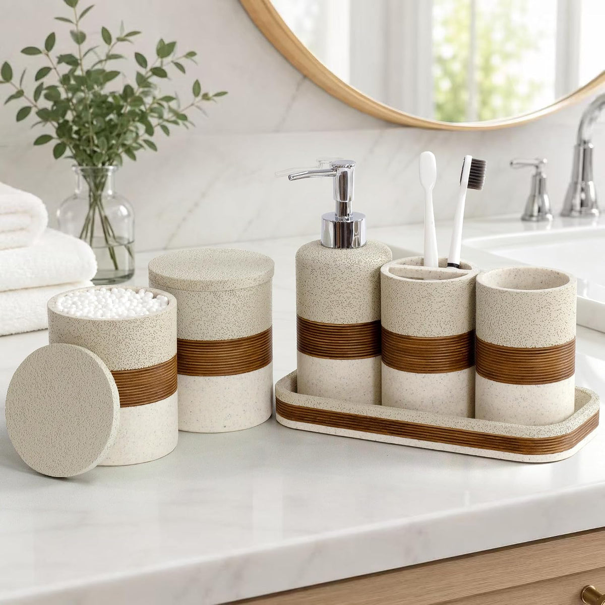 YMXYJM 6-Piece Resin Bathroom Accessories Set, Beige