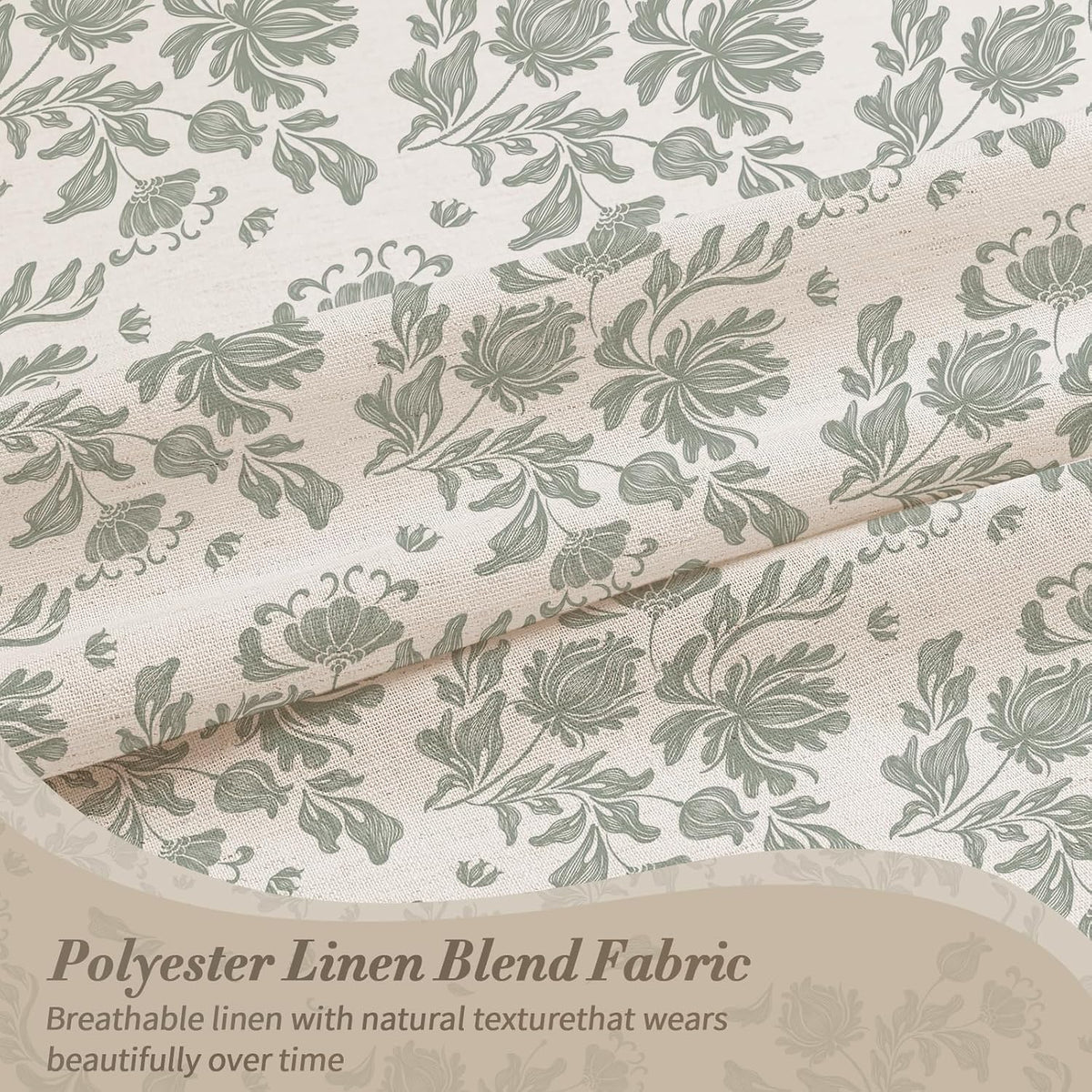 MitoVilla Sage Linen Farmhouse Shower Curtain, Vintage Boho Floral 72x72