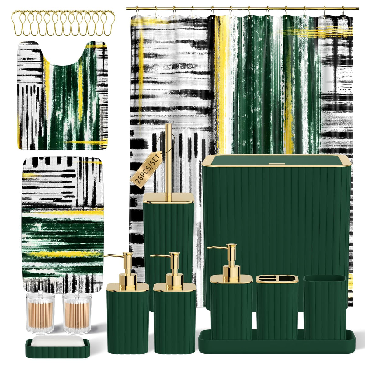 Bathroom Sets with Shower Curtain and Rugs - Elegant Bathroom Set, 27PC Bathroom Accessories Set, Green Bathroom Set, Mini Trash Can, Toilet Brush, Trash Can & Soap Dispenser
