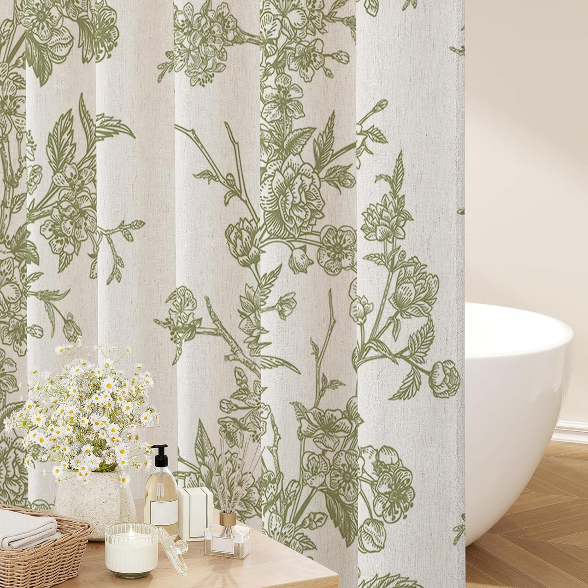 Sage Linen Farmhouse Shower Curtain, Vintage Boho Floral 72x72