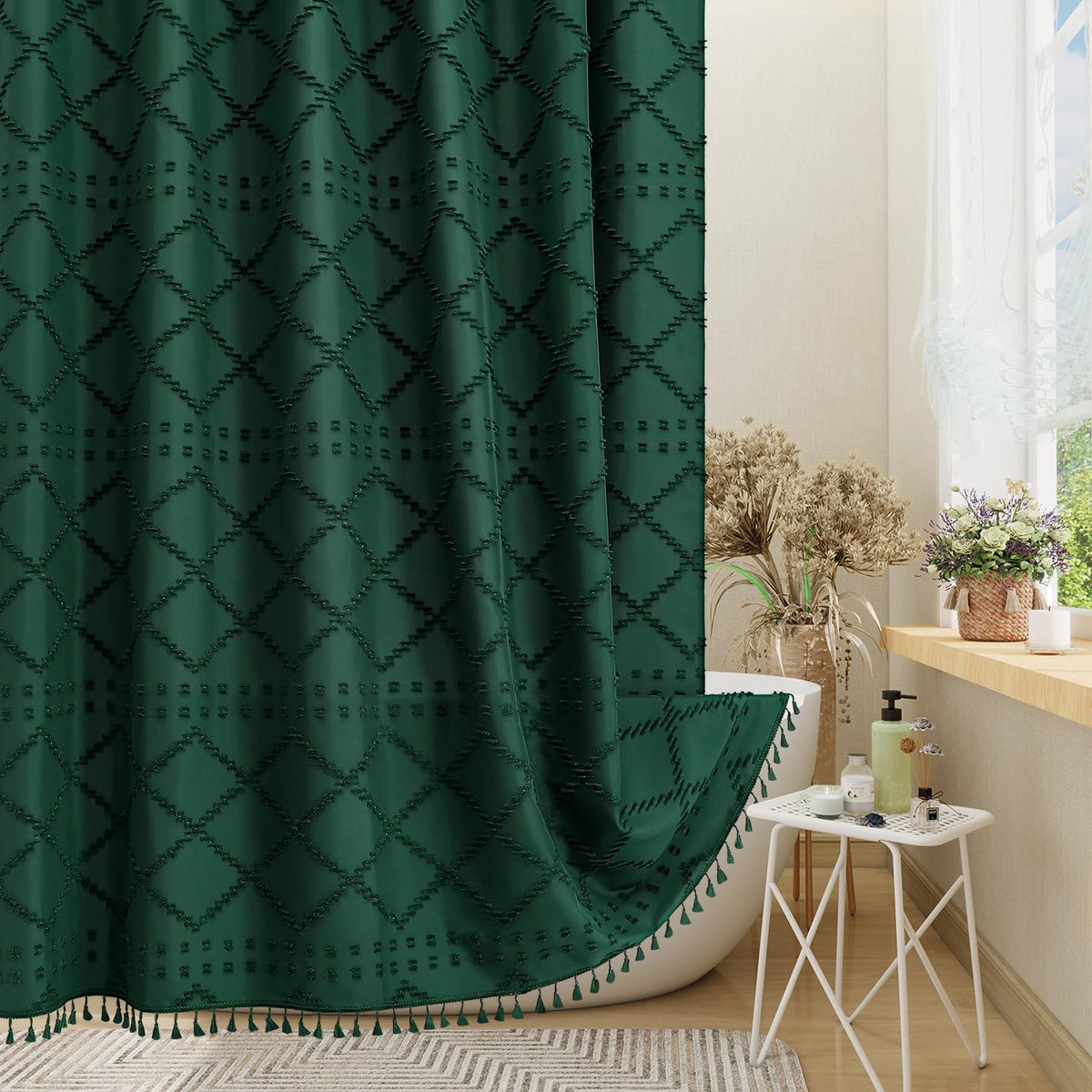 Blue Boho Woven Fabric Shower Curtain with Tassel 72 x 72, Tufted Textured