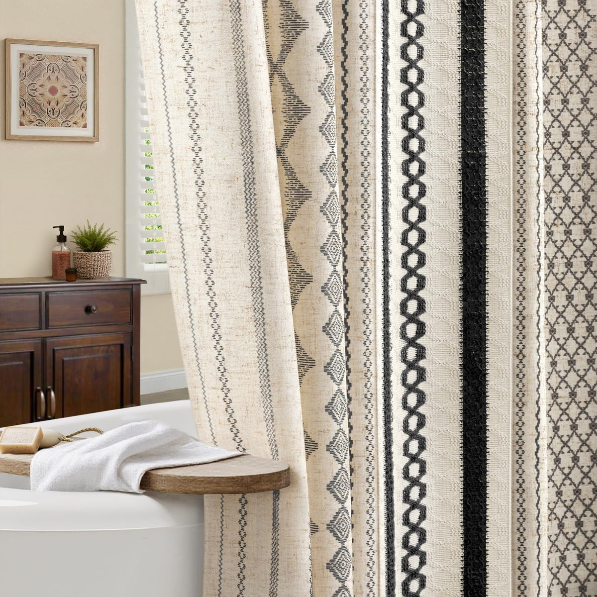 Natural Linen Boho Shower Curtain,72" W x 72" L