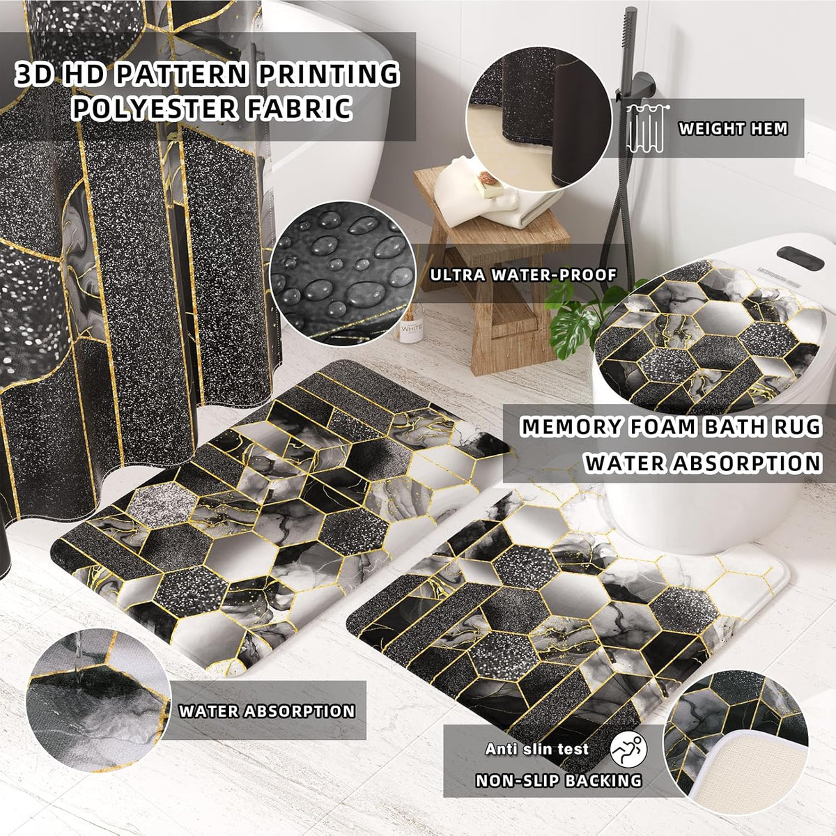 XLHOMO Bathroom Set - 26PC Bathroom Set with Shower Curtain and Rugs, Black