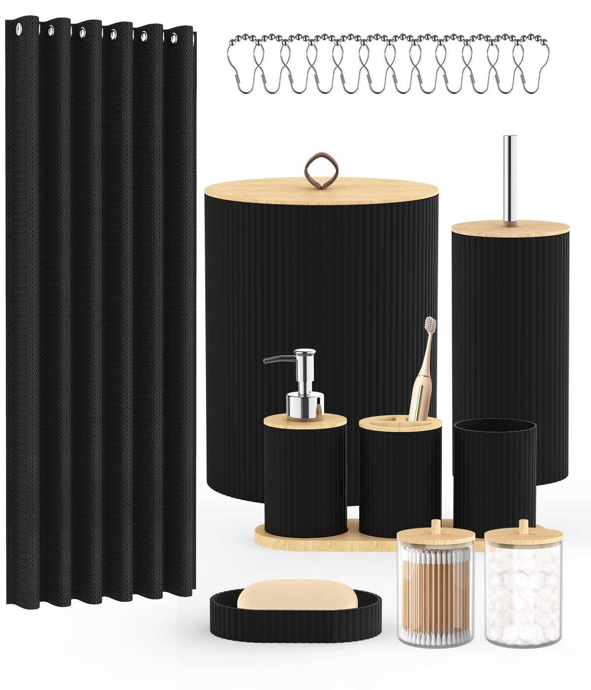 22Pcs Matte Black Bathroom Accessories Set Shower Curtain Decor Kit