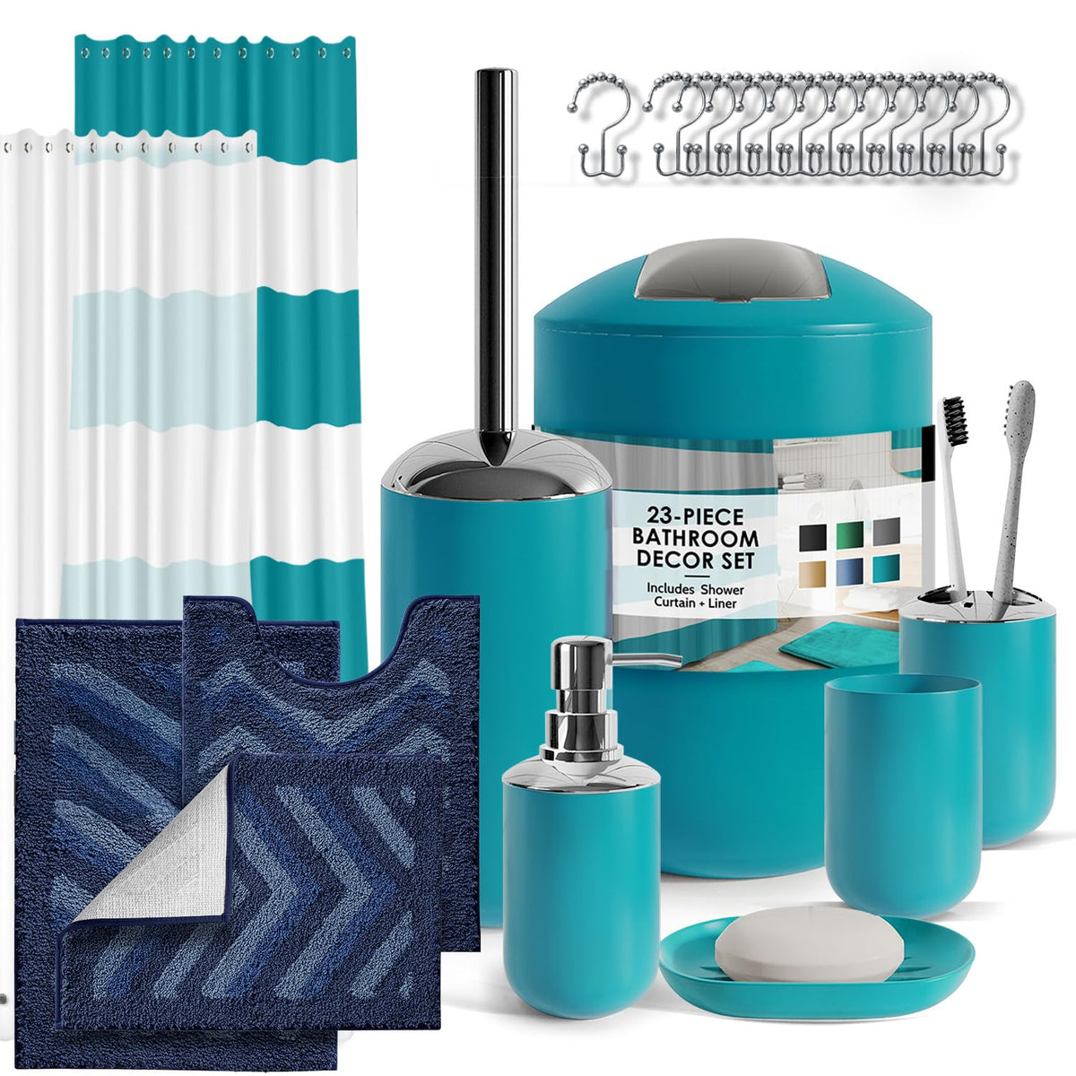 Clara Clark Bathroom Set - Navy Bathroom Accessories Set, 20PC Bathroom Accessory Set, Shower Curtain Set with Liner, Toothbrush Holder, Soap Dispenser, Soap Dish, Toilet Brush Holder, and Trash Can