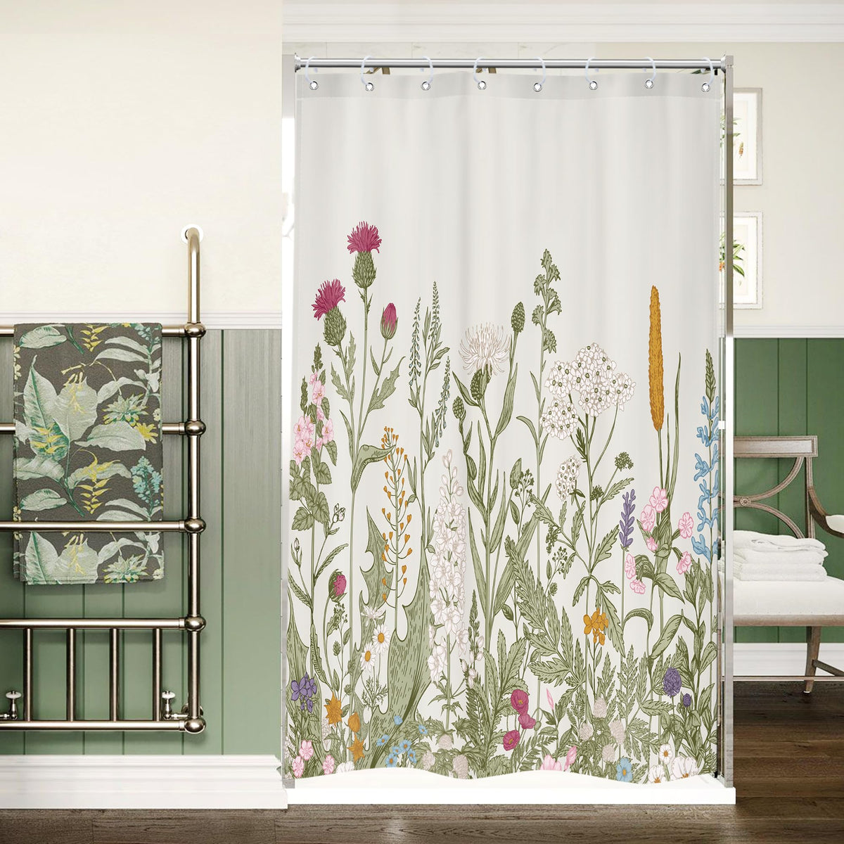 Sage Green Floral Wildflower Plant Herbs Nature Bathroom Shower Curtain Set