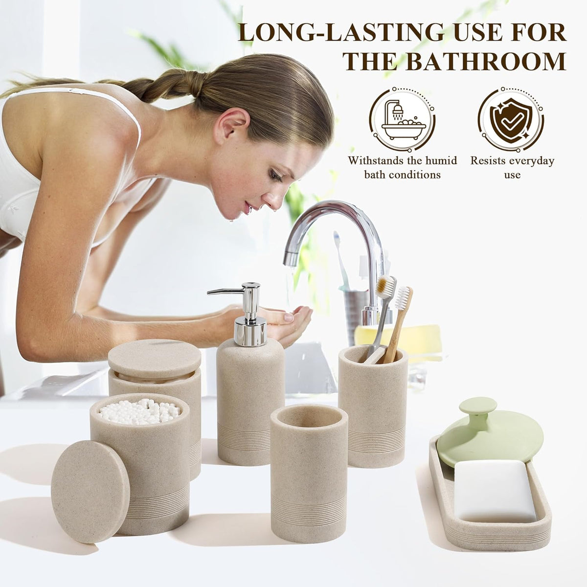 Bathroom Accessories Set, 6-Piece Bathroom Accessory Set, Toothbrush Holders Set, Soap Dispenser, Vanity Tray, Tumbler, Cotton Swab Jars, Bathroom Organizer for Modern Bathrooms(Beige)