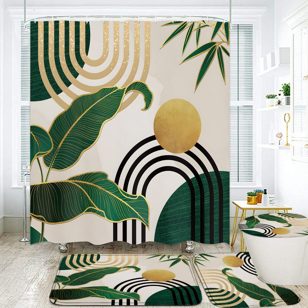 LQCOOL 4pcs Boho Shower Curtain Set with Rugs Green Leaf Bathroom Set