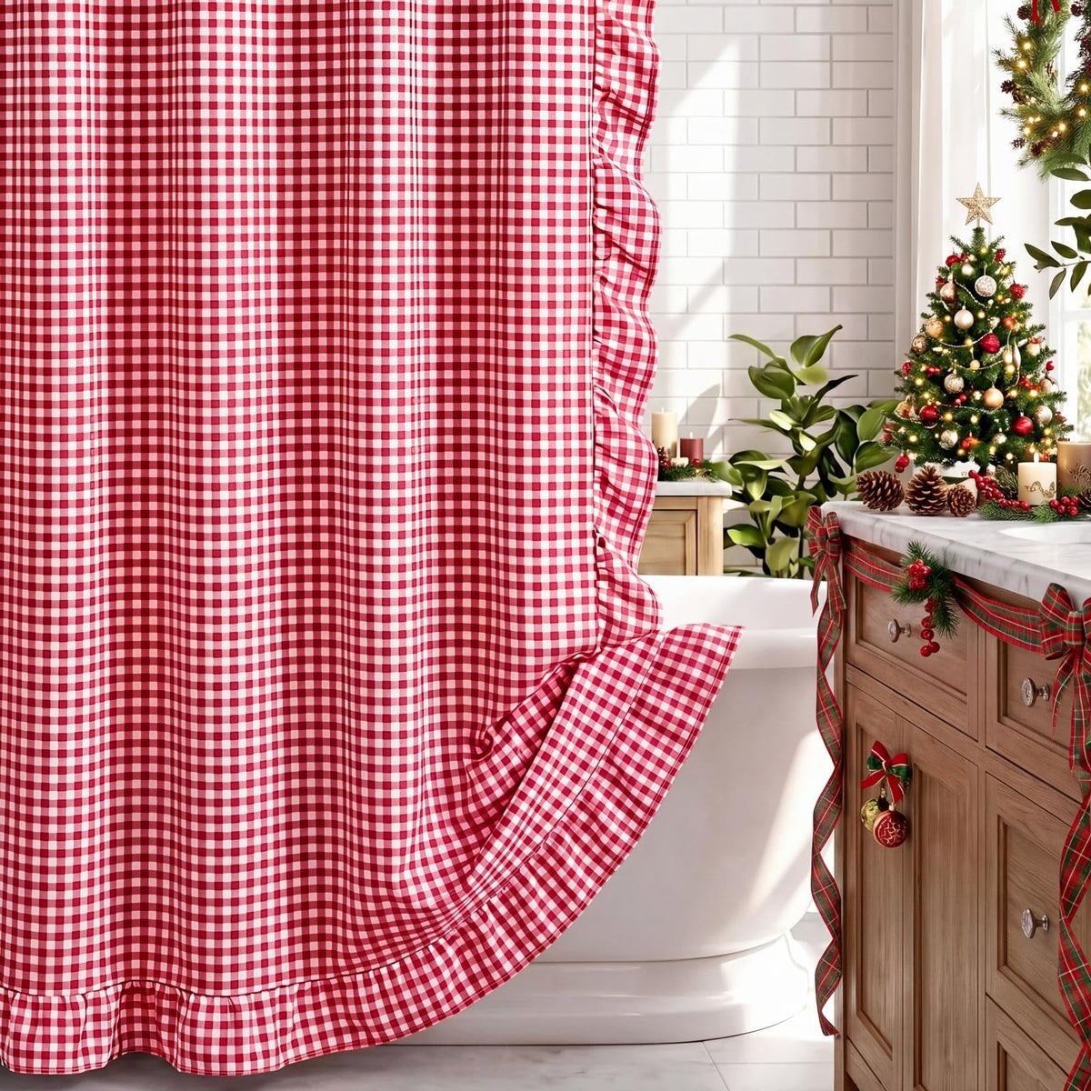 HunnmingRe Ruffle Hem Gingham Shower Curtain Sage Green