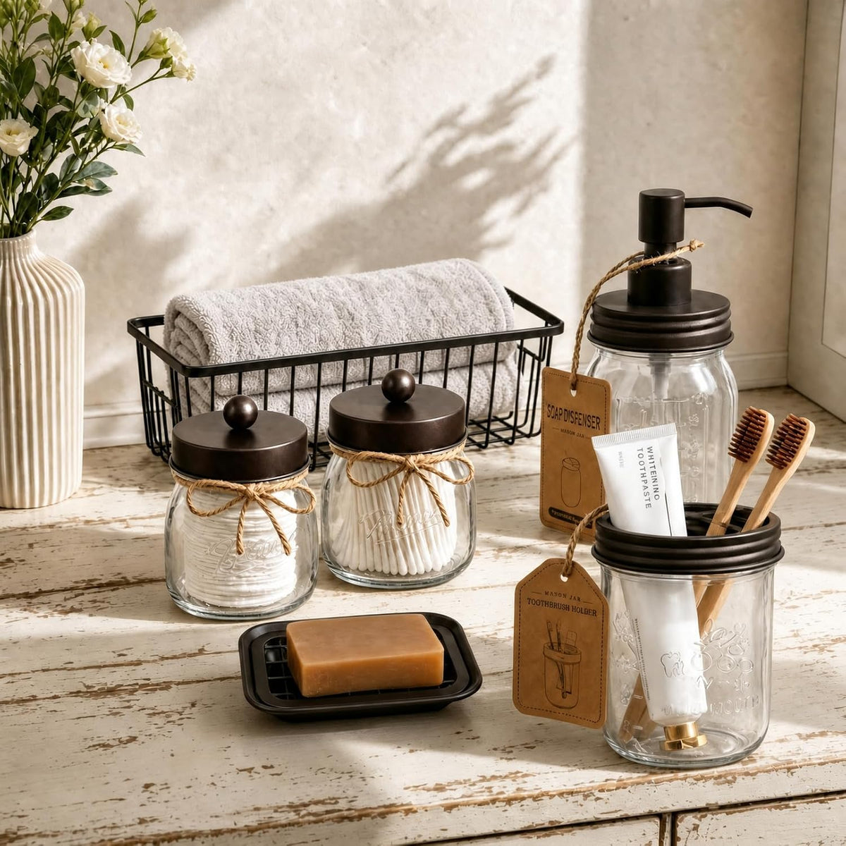 SheeChung Mason Jar Bathroom Accessories Set,6Pcs Rustic Bathroom Set,Brown