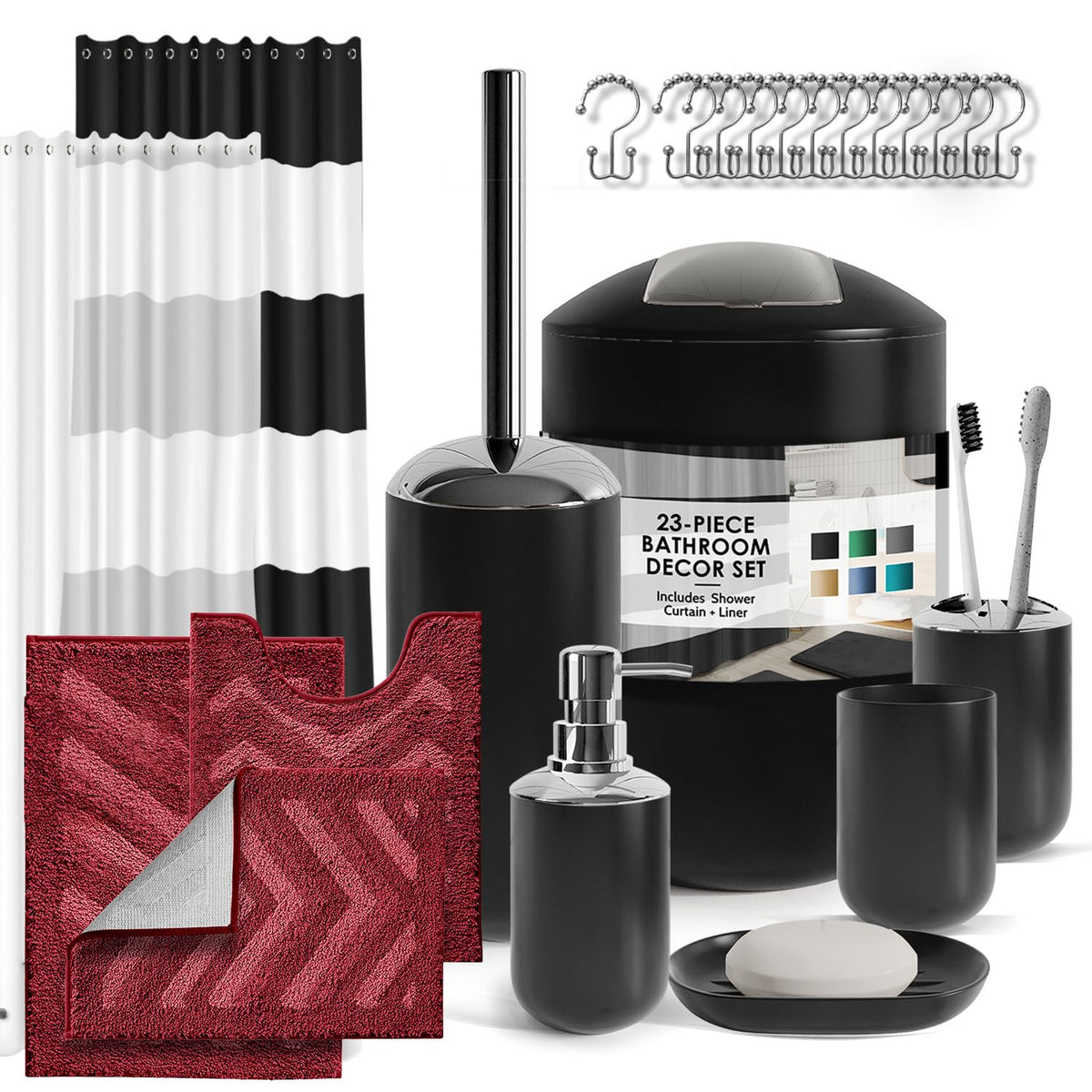 Clara Clark Bathroom Set - Navy Bathroom Accessories Set, 20PC Bathroom Accessory Set, Shower Curtain Set with Liner, Toothbrush Holder, Soap Dispenser, Soap Dish, Toilet Brush Holder, and Trash Can