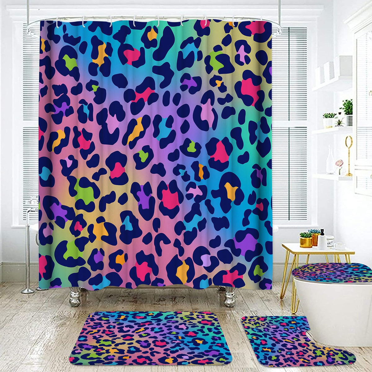Leopard Shower Curtain 4Pcs Cheetah Print Shower Curtain Sets with Rugs